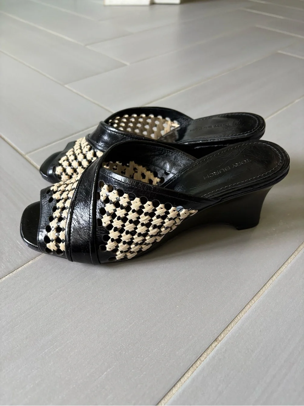 Tory Burch Black and Cream Woven Slide Sandals